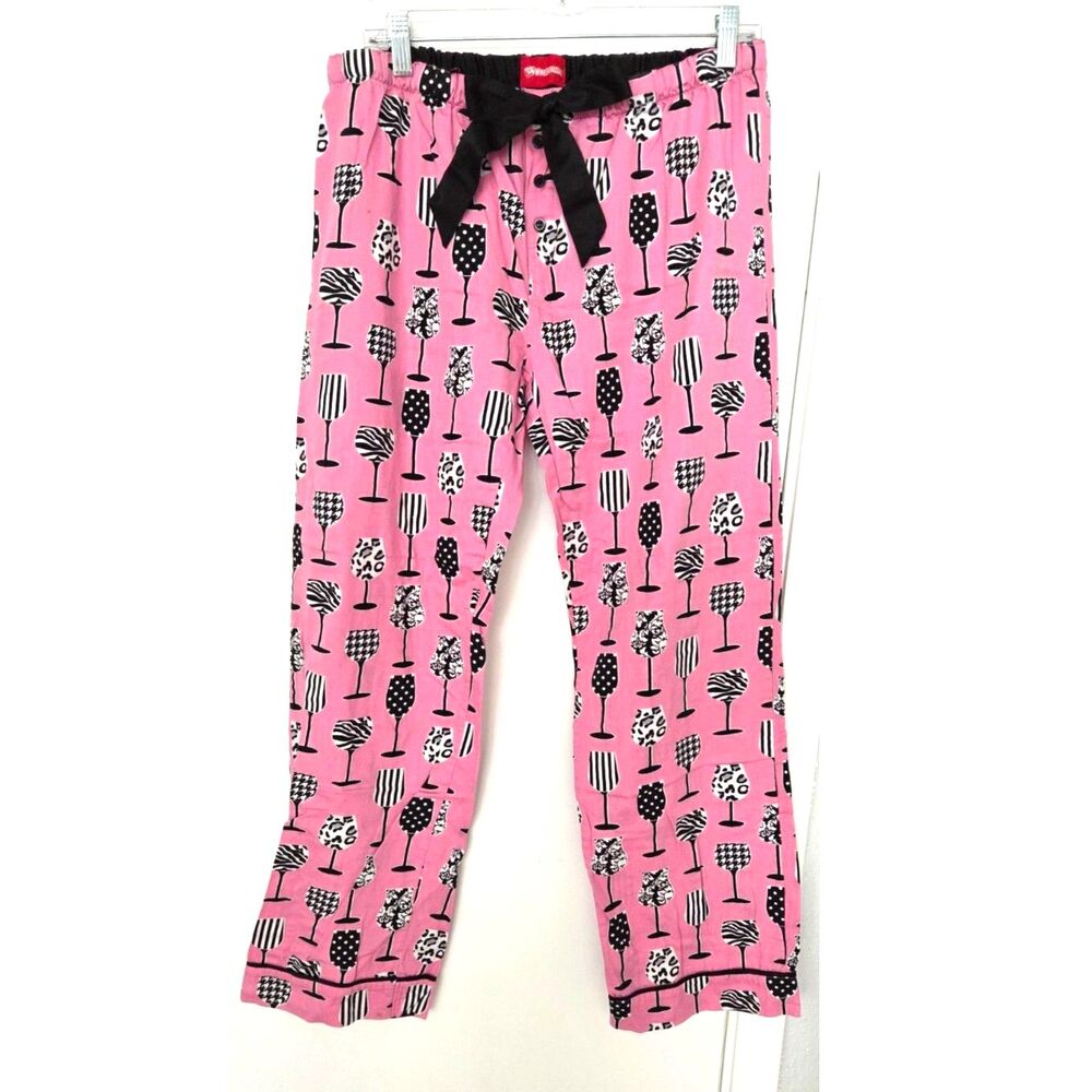 Wine Enthusiast Cotton Lounge Pants Sz M Pink Wine Glass Print Pajama Bottoms